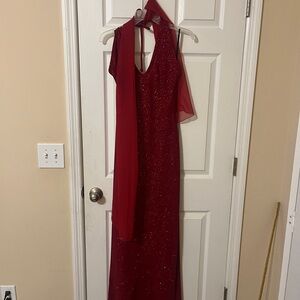 Deep Red Halter Gown with Slit and Sleeveless Design